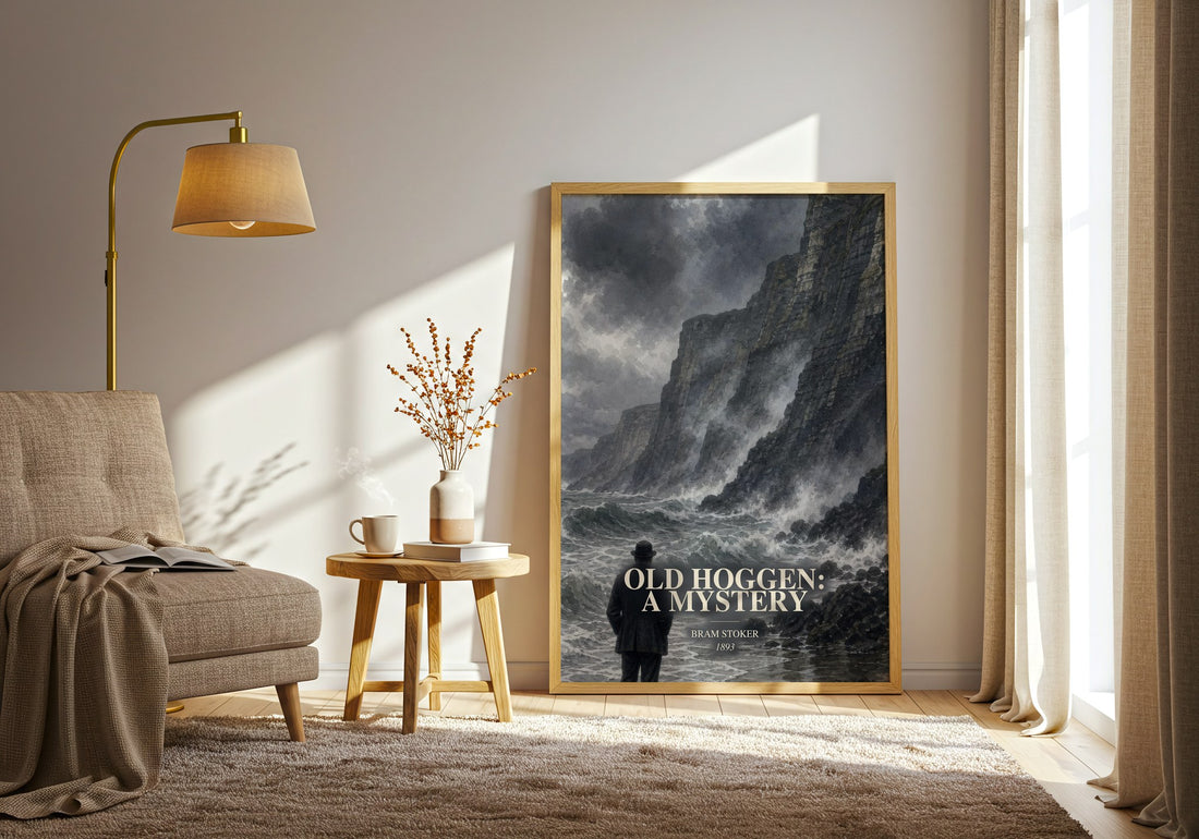 Old Hoggen: A Mystery watercolour print in frame leaning in hallway – mystery wall art (mockup)
