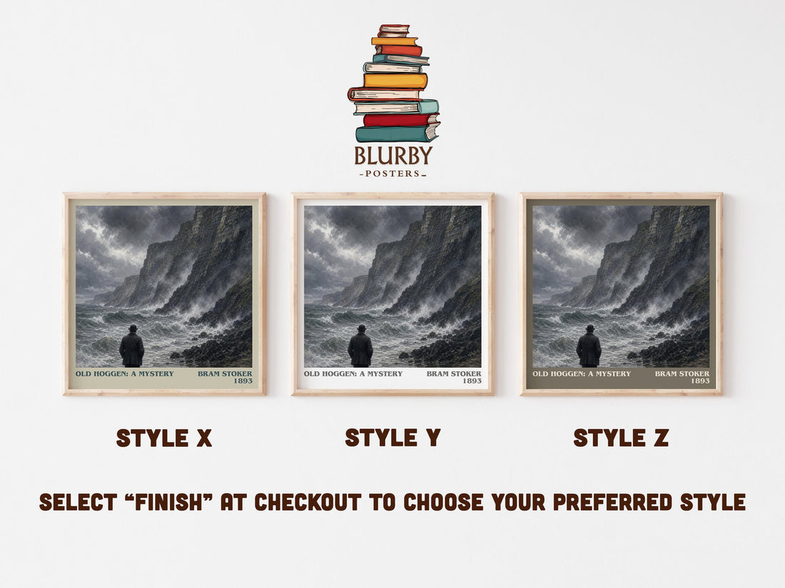 Old Hoggen: A Mystery literary print in frame leaning in hallway – mystery wall art (mockup)