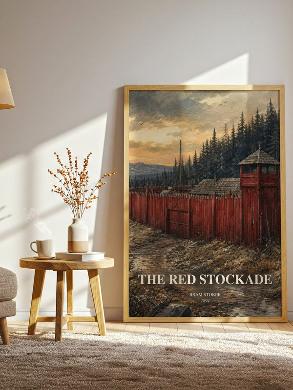 The Red Stockade watercolour print in frame leaning in hallway – horror wall art