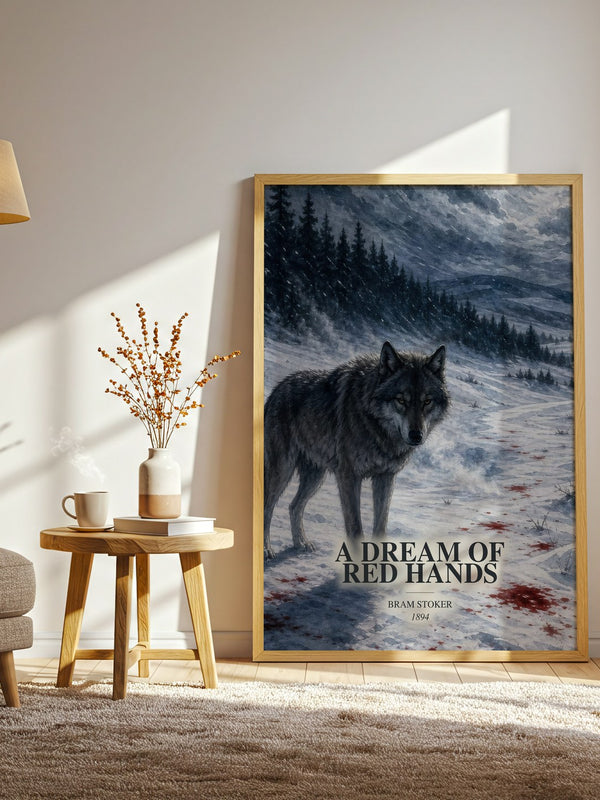 A Dream Of Red Hands watercolour print in frame leaning in hallway – horror wall art