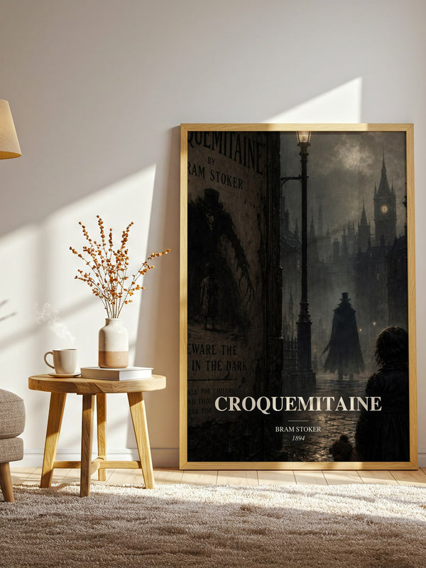 Croquemitaine watercolour print in frame leaning in hallway – horror wall art