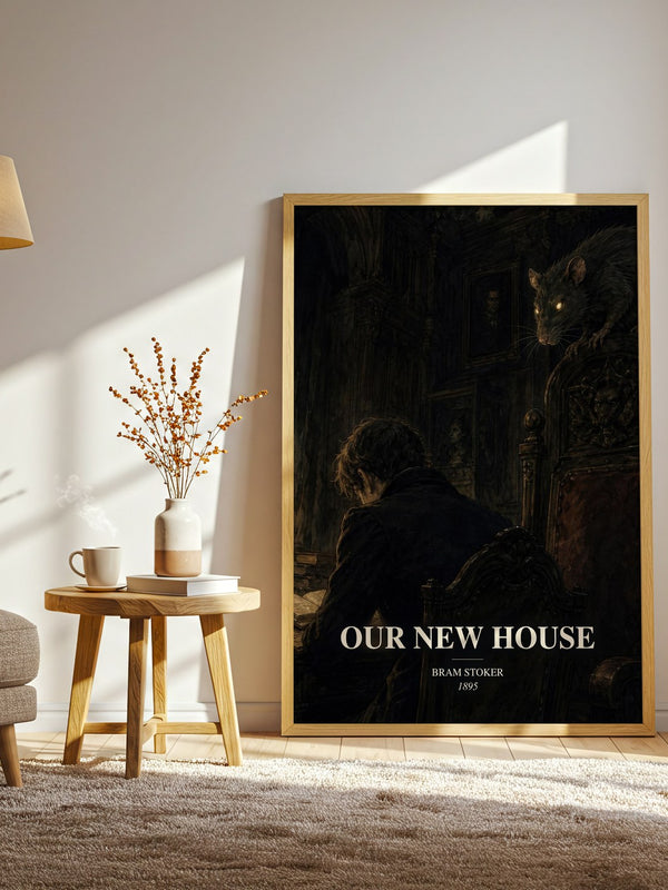 Our New House watercolour print in frame leaning in hallway – horror wall art