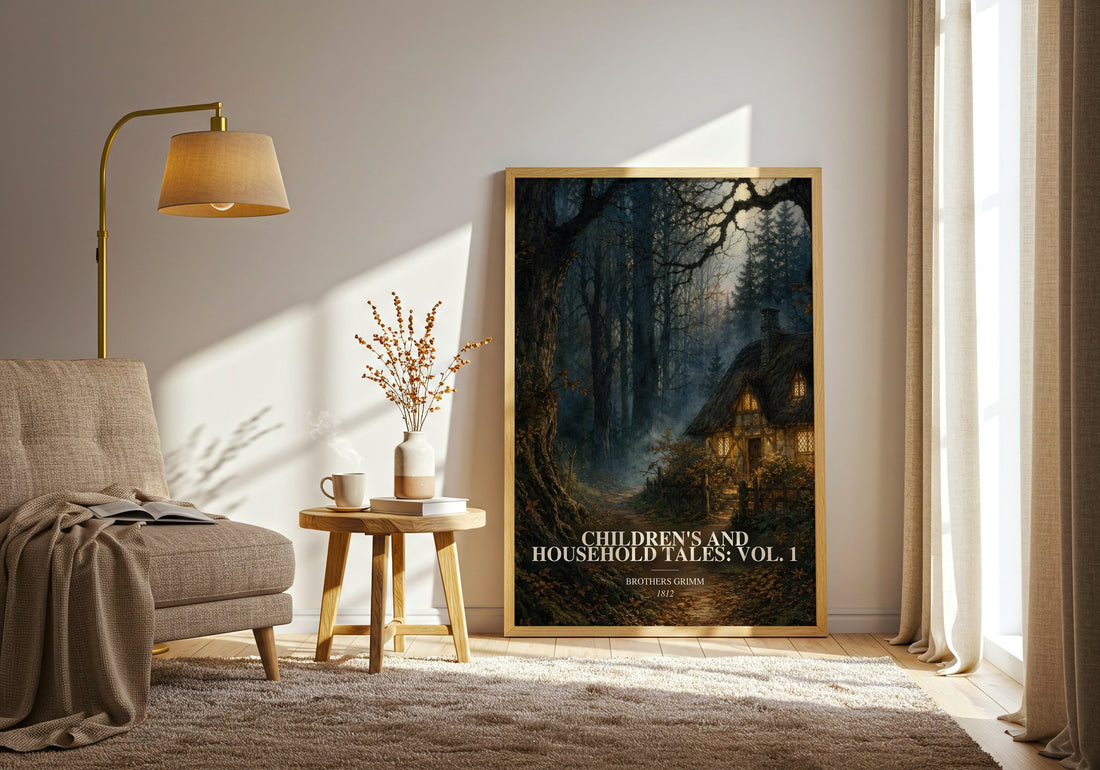 Children'S And Household Tales: Vol. 1 watercolour print in frame leaning in hallway – childrens wall art (mockup)