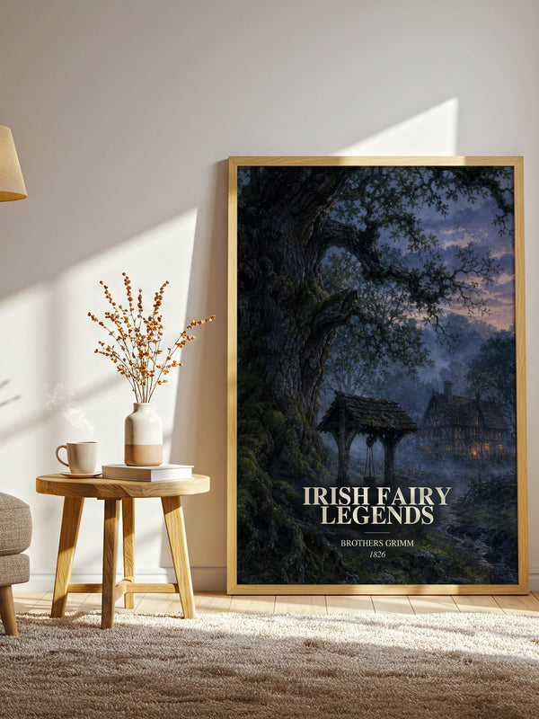 Irish Fairy Legends watercolour print in frame leaning in hallway – childrens wall art