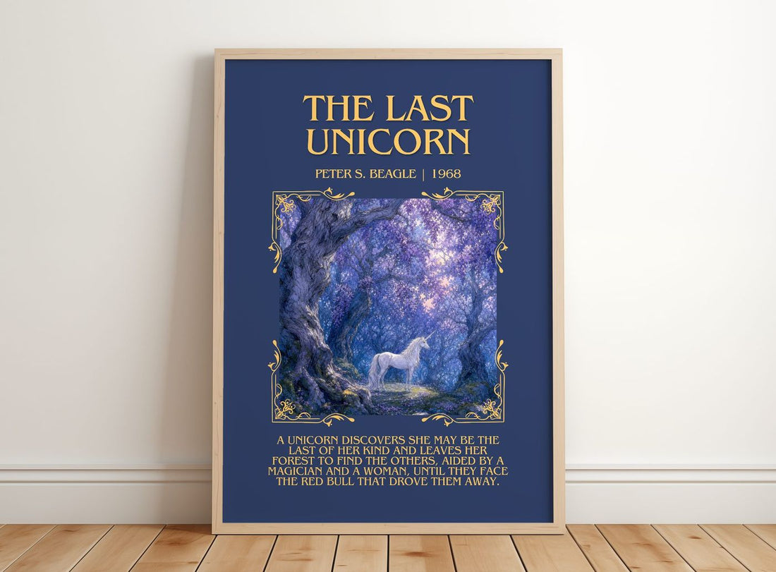 The Last Unicorn Minimalist Book Poster by Peter S. Beagle – framed print leaning on a wooden floor