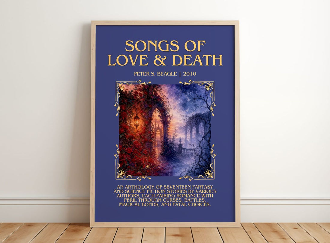Songs of love & death Minimalist Book Poster by Peter S. Beagle – framed print leaning on a wooden floor