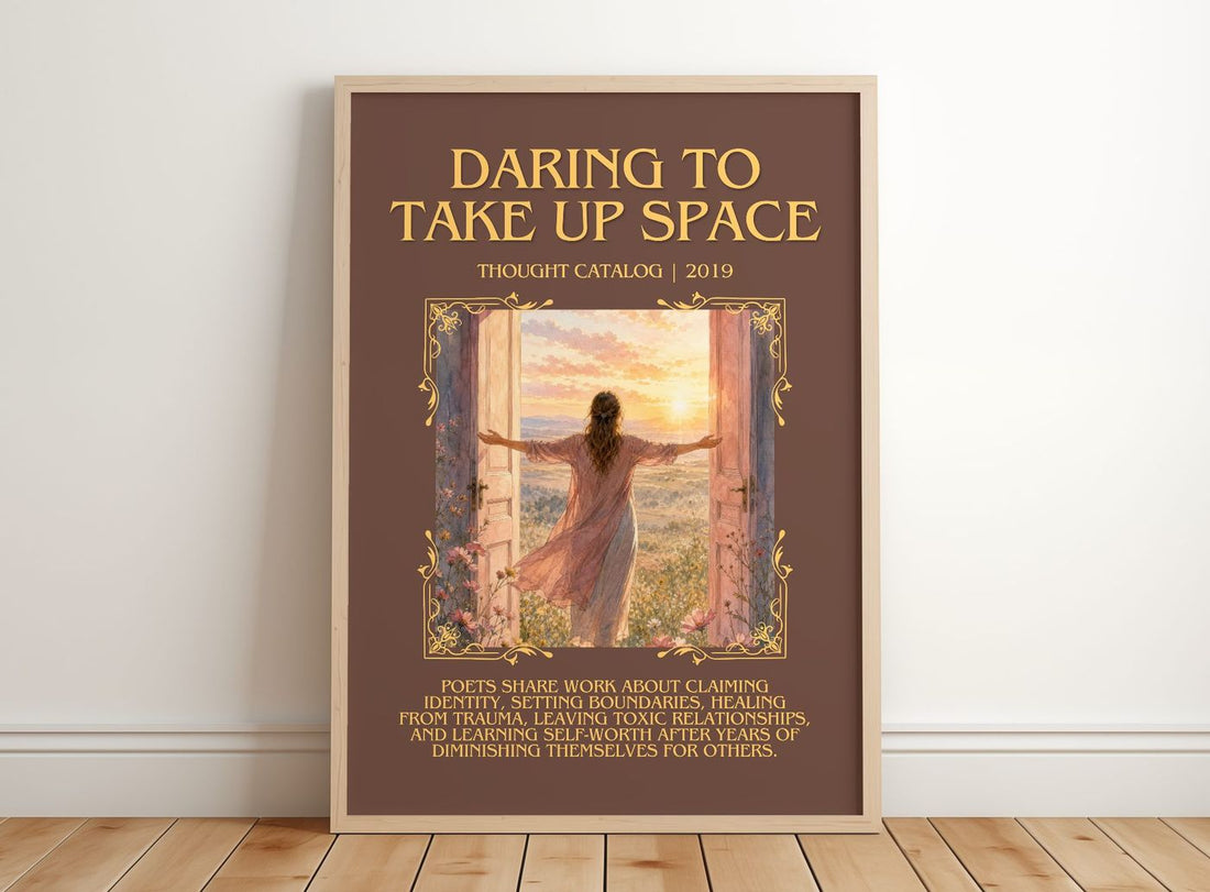 Daring To Take Up Space Minimalist Book Poster by Thought Catalog – framed print leaning on a wooden floor