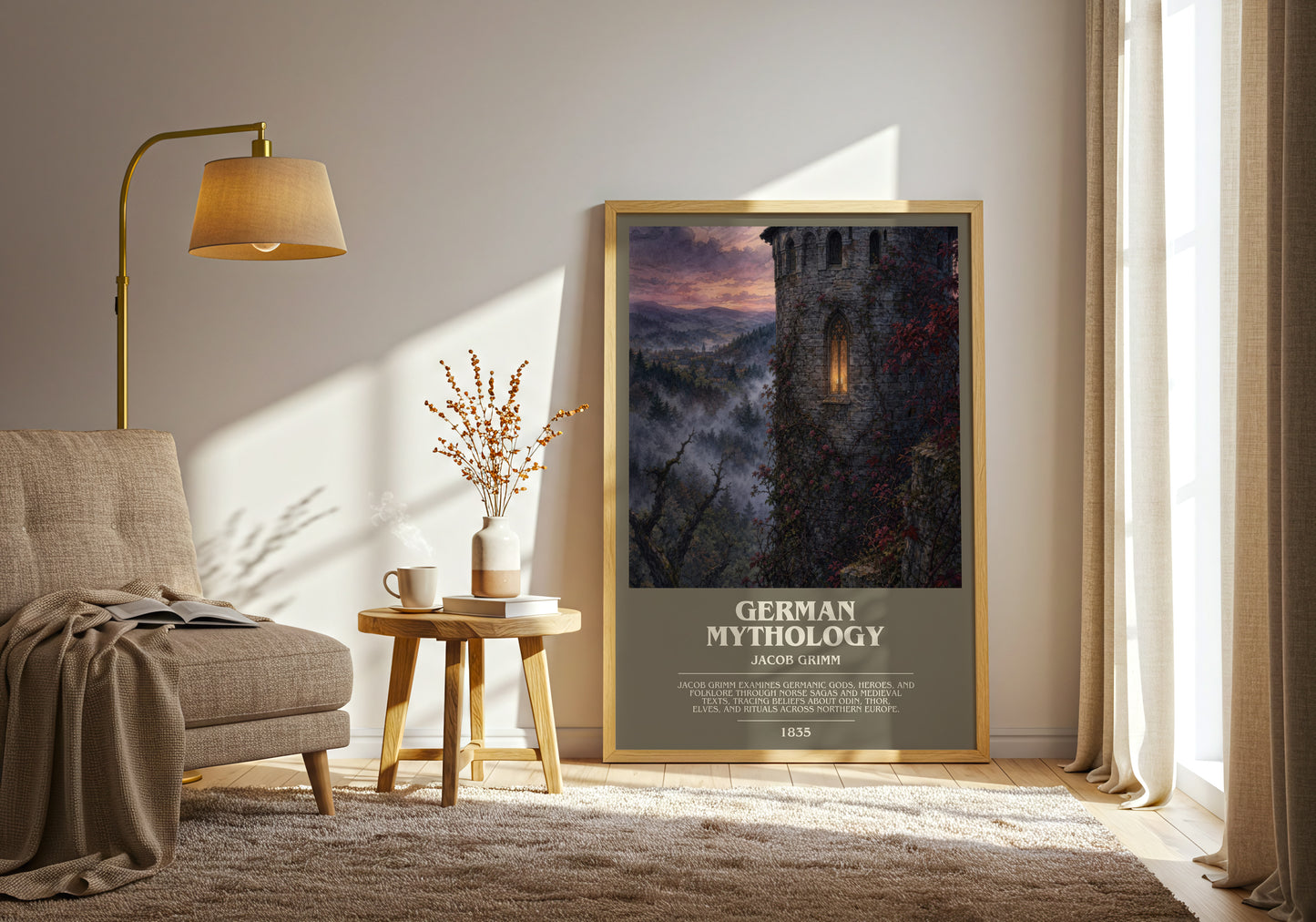 German Mythology bookish print on bookshelf – Jacob Grimm fan gift