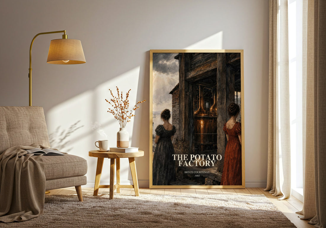 The Potato Factory watercolour print in frame leaning in hallway – historical fiction wall art (mockup)