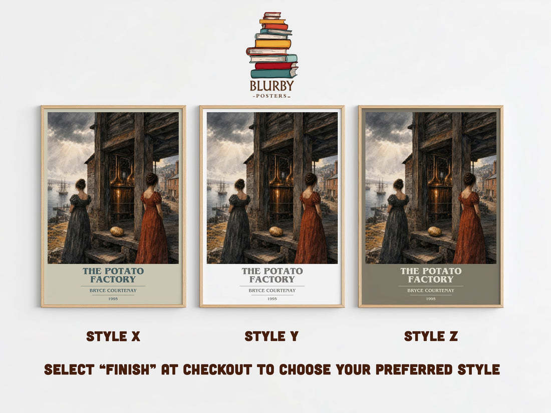 The Potato Factory book cover print in frame leaning in hallway – historical fiction wall art (mockup)