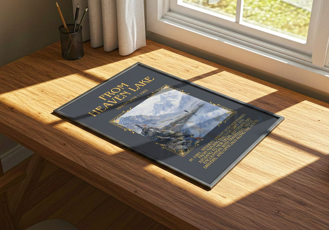 From Heaven Lake Minimalist Book Poster by Vikram Seth – print on a sunlit desk
