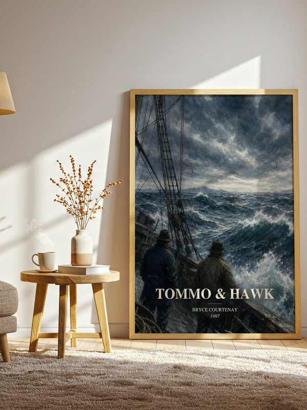 Tommo & Hawk watercolour print in frame leaning in hallway – historical fiction wall art