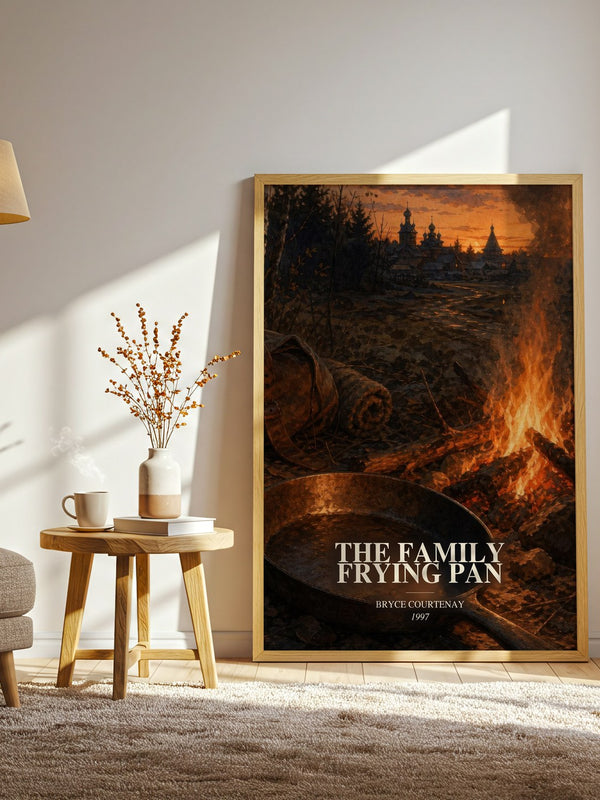 The Family Frying Pan watercolour print in frame leaning in hallway – historical fiction wall art