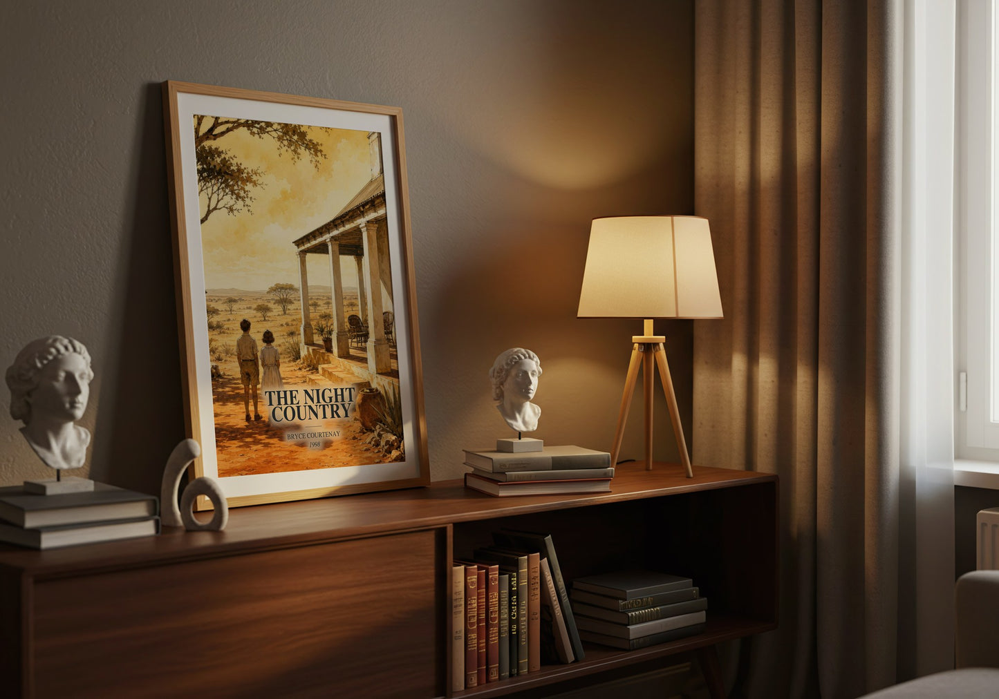 The Night Country watercolour print on bookshelf – Bryce Courtenay fan gift