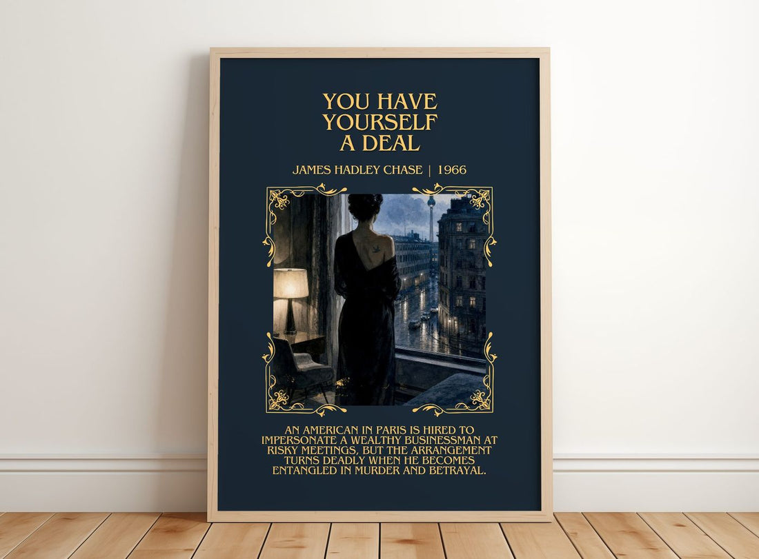 You have yourself a deal Minimalist Book Poster by James Hadley Chase – framed print leaning on a wooden floor