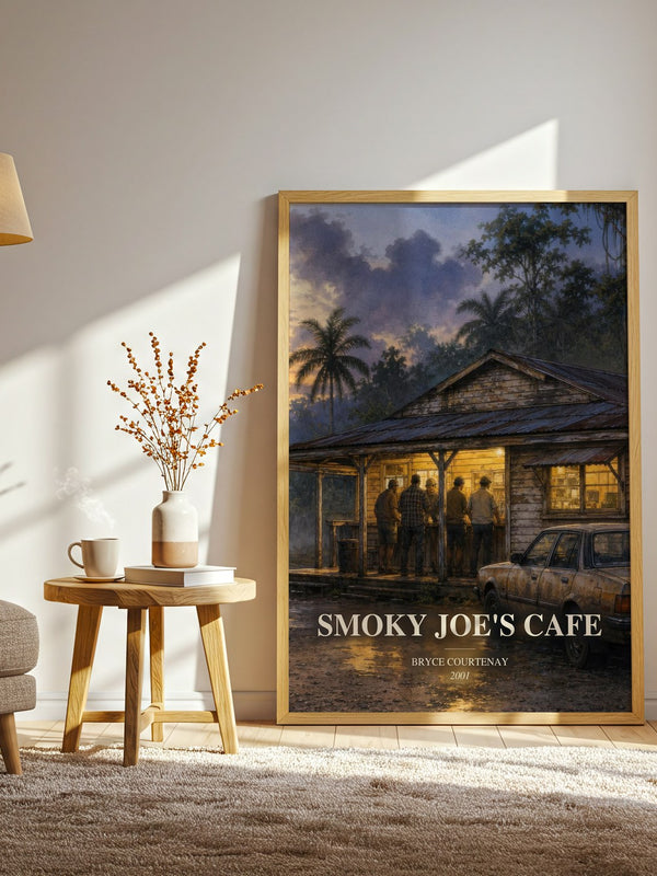 Smoky Joe'S Cafe watercolour print in frame leaning in hallway – historical fiction wall art