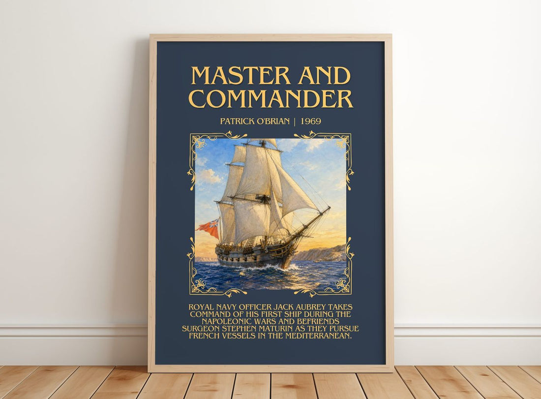 Master and Commander Minimalist Book Poster by Patrick O'Brian – framed print leaning on a wooden floor