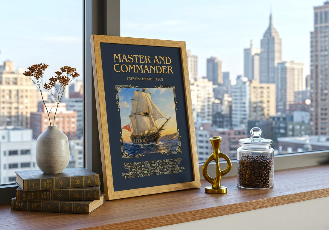 Master and Commander Minimalist Book Poster by Patrick O'Brian – framed print on a city-view windowsill