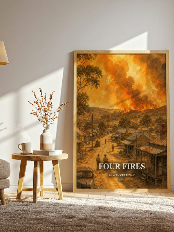 Four Fires watercolour print in frame leaning in hallway – historical fiction wall art