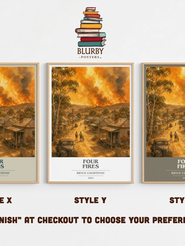Four Fires book cover print in frame leaning in hallway – historical fiction wall art