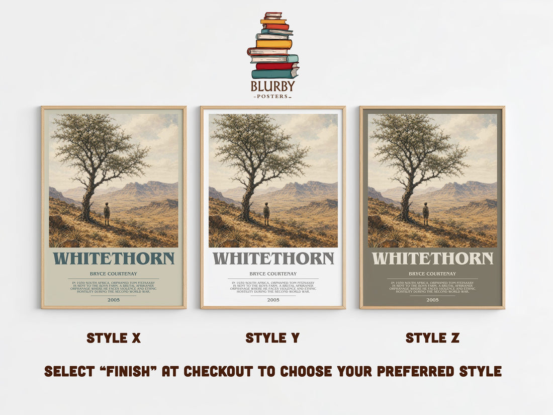 Whitethorn bookish print in frame leaning in hallway – historical fiction wall art (mockup)