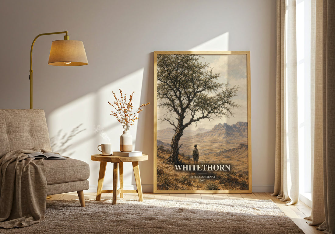 Whitethorn watercolour print in frame leaning in hallway – historical fiction wall art (mockup)