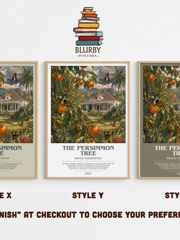 The Persimmon Tree bookish print in frame leaning in hallway – historical fiction wall art