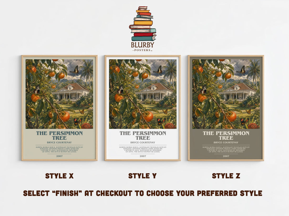 The Persimmon Tree bookish print in frame leaning in hallway – historical fiction wall art (mockup)