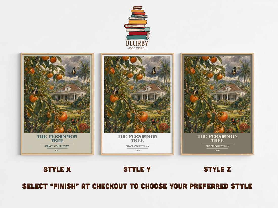 The Persimmon Tree book cover print in frame leaning in hallway – historical fiction wall art (mockup)
