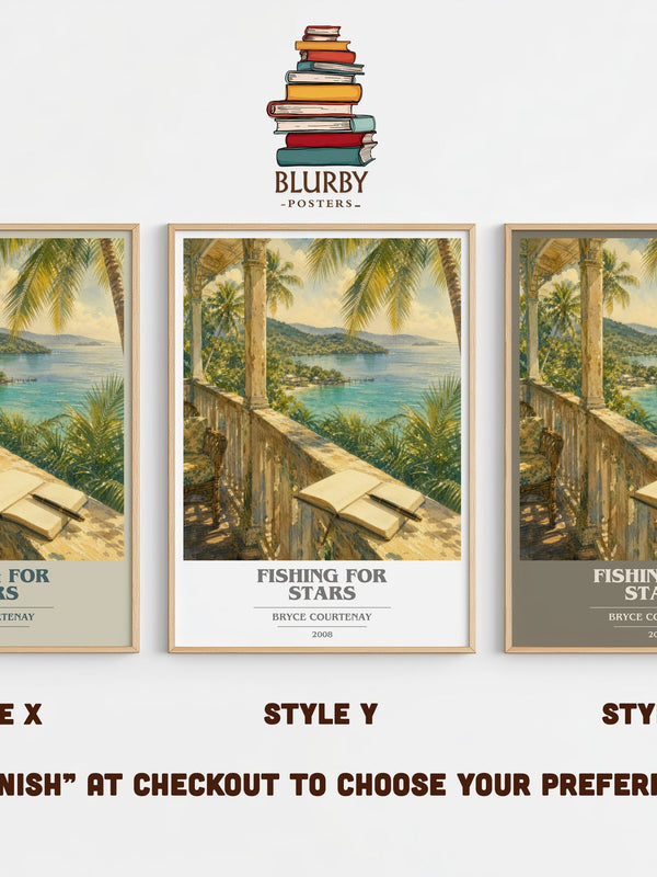 Fishing For Stars book cover print in frame leaning in hallway – historical fiction wall art