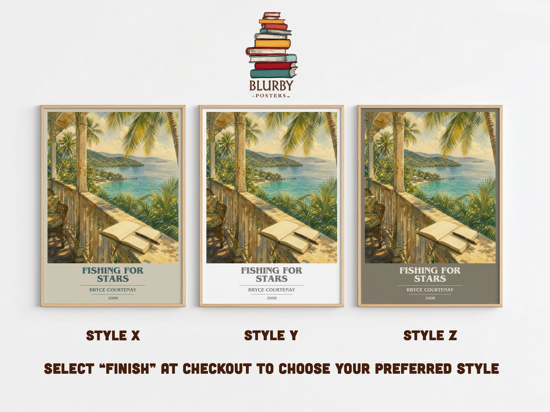 Fishing For Stars book cover print in frame leaning in hallway – historical fiction wall art (mockup)