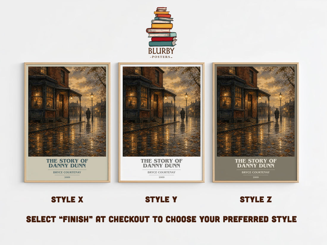 The Story Of Danny Dunn book cover print in frame leaning in hallway – historical fiction wall art (mockup)