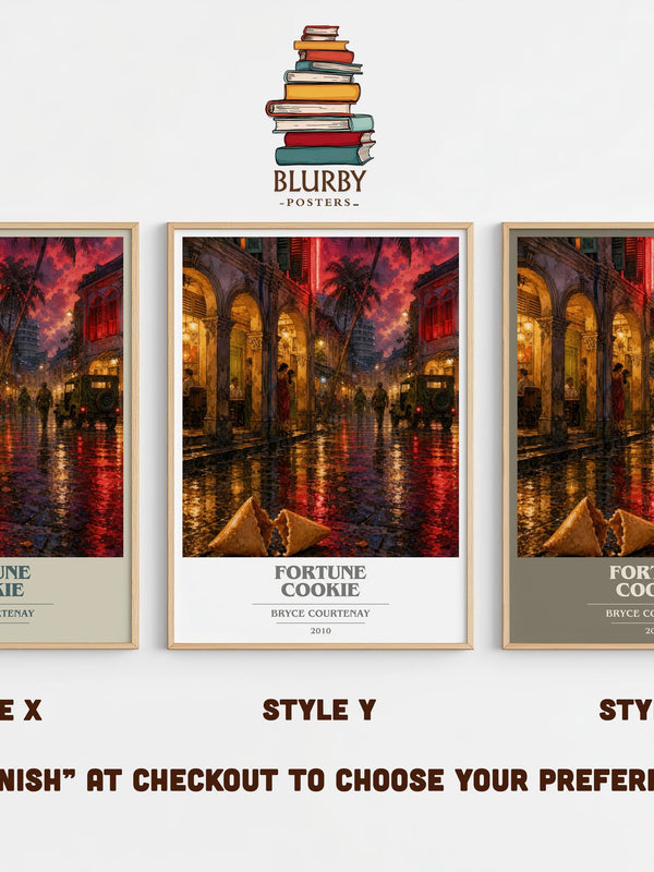 Fortune Cookie book cover print in frame leaning in hallway – thriller wall art
