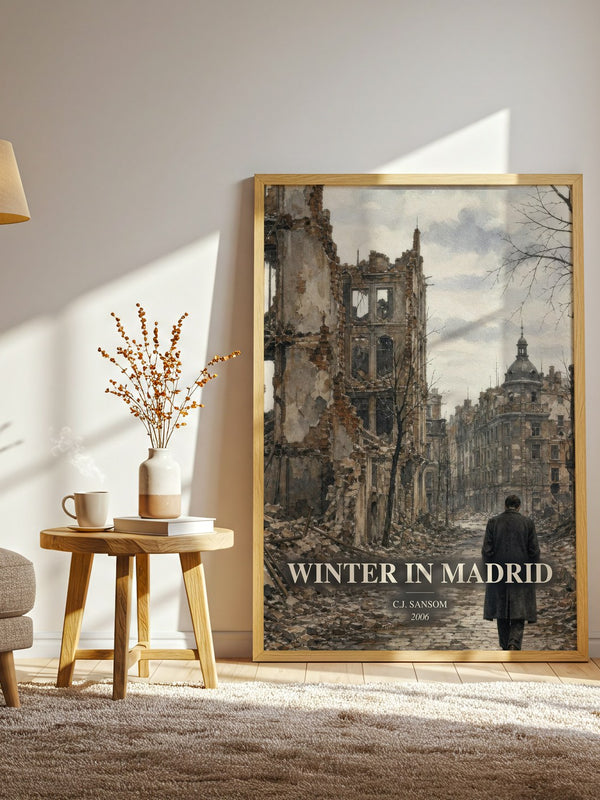 Winter In Madrid watercolour print in frame leaning in hallway – historical fiction wall art