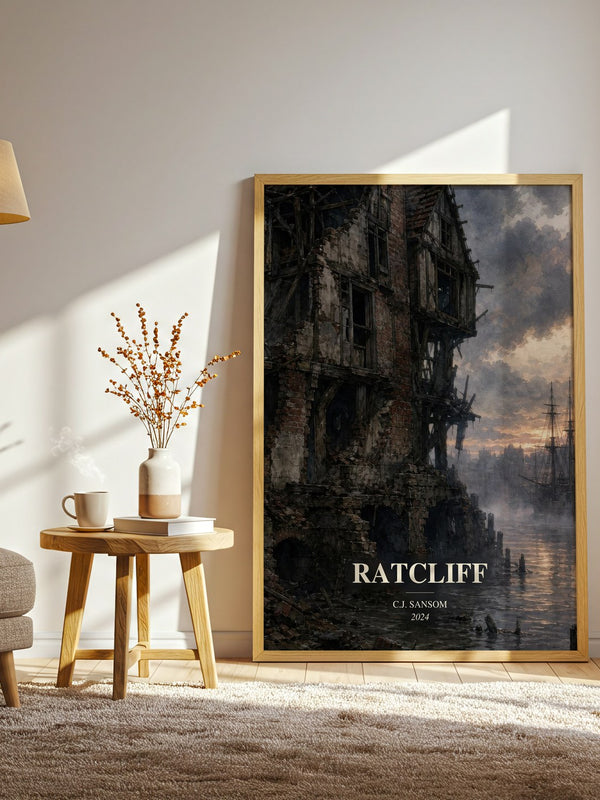Ratcliff watercolour print in frame leaning in hallway – historical fiction wall art