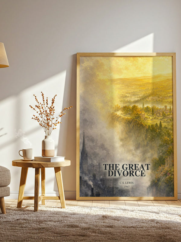 The Great Divorce watercolour print in frame leaning in hallway – fantasy wall art