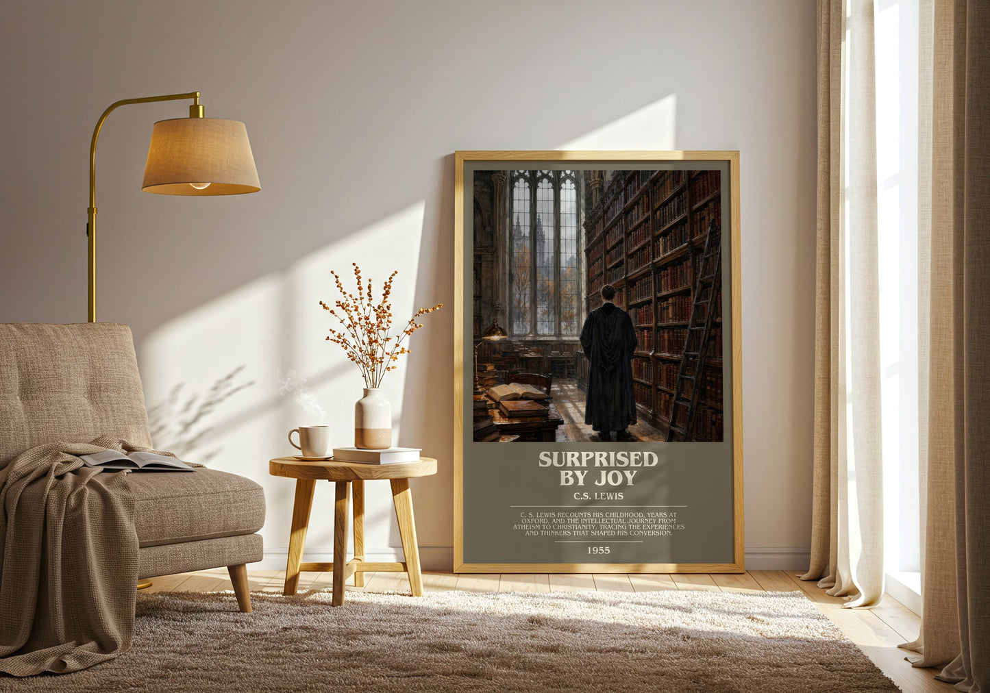 Surprised By Joy bookish print on bookshelf – C.S. Lewis fan gift
