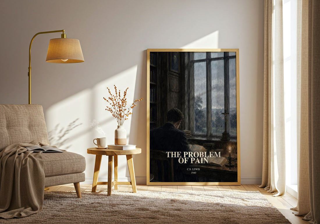 The Problem Of Pain watercolour print in frame leaning in hallway – philosophy wall art (mockup)