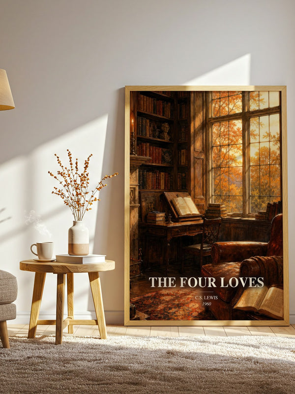 The Four Loves watercolour print in frame leaning in hallway – philosophy wall art