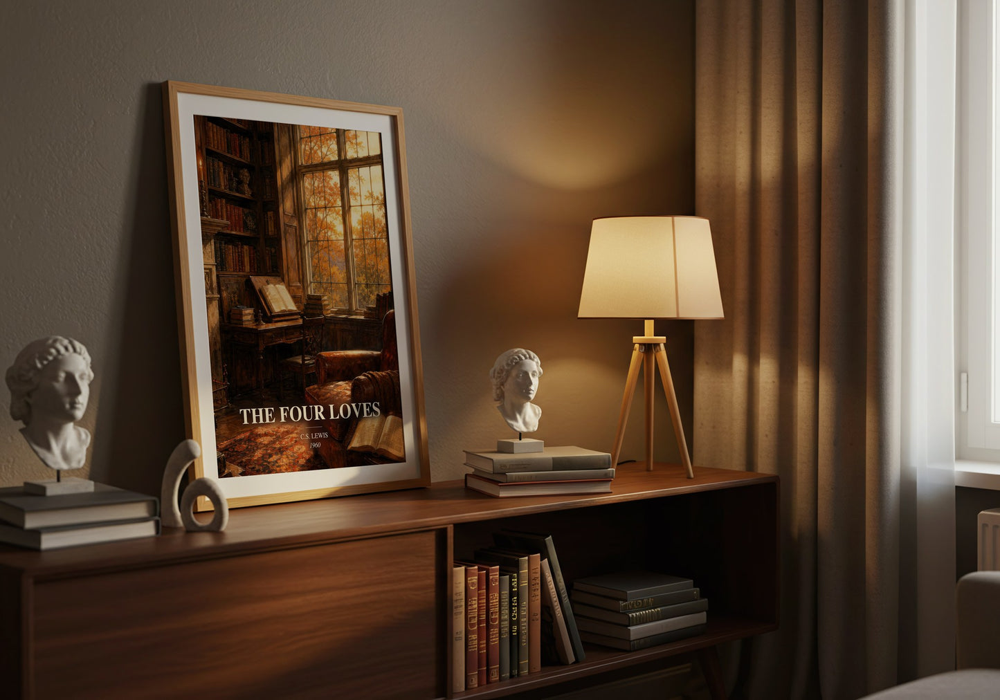 The Four Loves watercolour print on bookshelf – C.S. Lewis fan gift