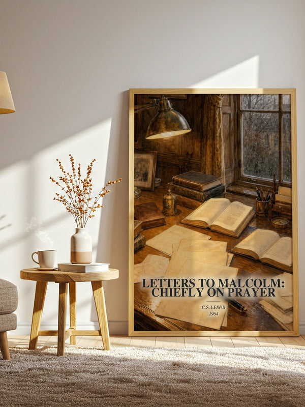 Letters To Malcolm: Chiefly On Prayer watercolour print in frame leaning in hallway – philosophy wall art