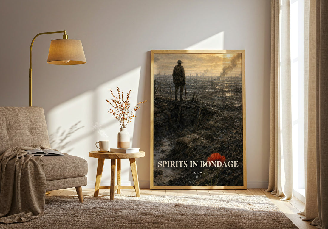Spirits In Bondage watercolour print in frame leaning in hallway – poetry wall art (mockup)