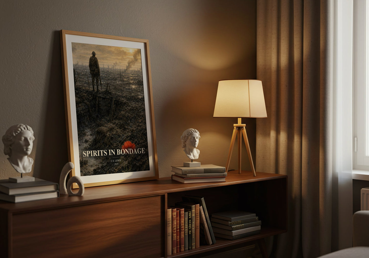 Spirits In Bondage watercolour print on bookshelf – C.S. Lewis fan gift
