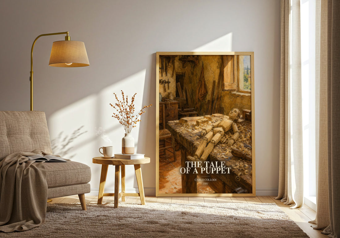 The Tale Of A Puppet watercolour print in frame leaning in hallway – childrens wall art (mockup)
