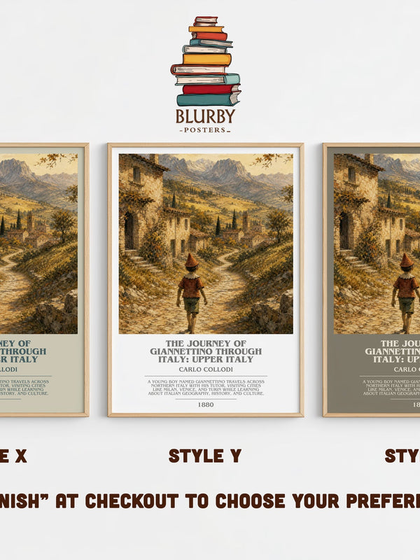 The Journey Of Giannettino Through Italy: Upper Italy bookish print in frame leaning in hallway – childrens wall art