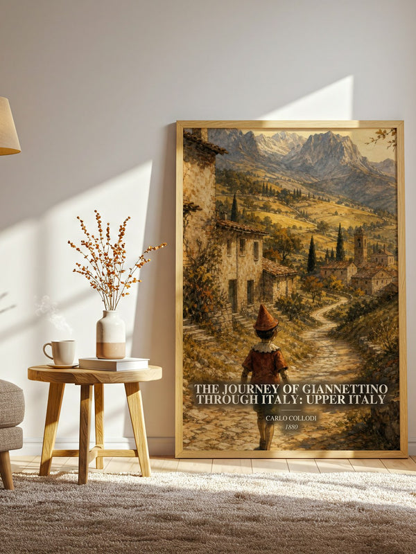 The Journey Of Giannettino Through Italy: Upper Italy watercolour print in frame leaning in hallway – childrens wall art