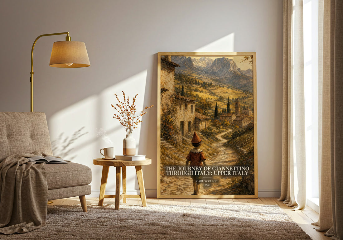 The Journey Of Giannettino Through Italy: Upper Italy watercolour print in frame leaning in hallway – childrens wall art (mockup)