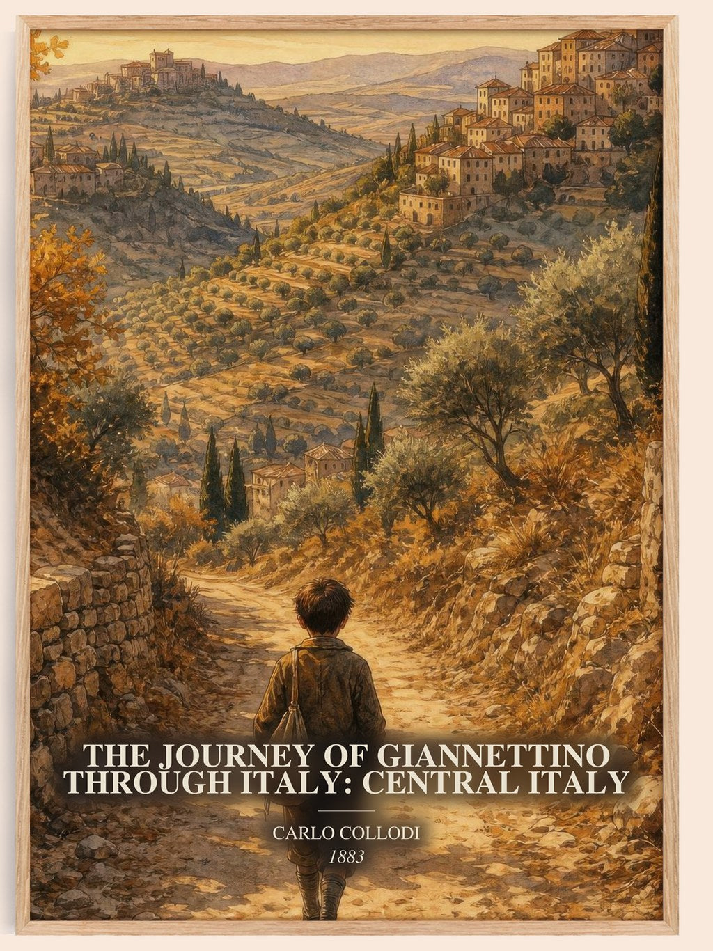 The Journey Of Giannettino Through Italy: Central Italy watercolour book poster by Carlo Collodi – framed literary art print
