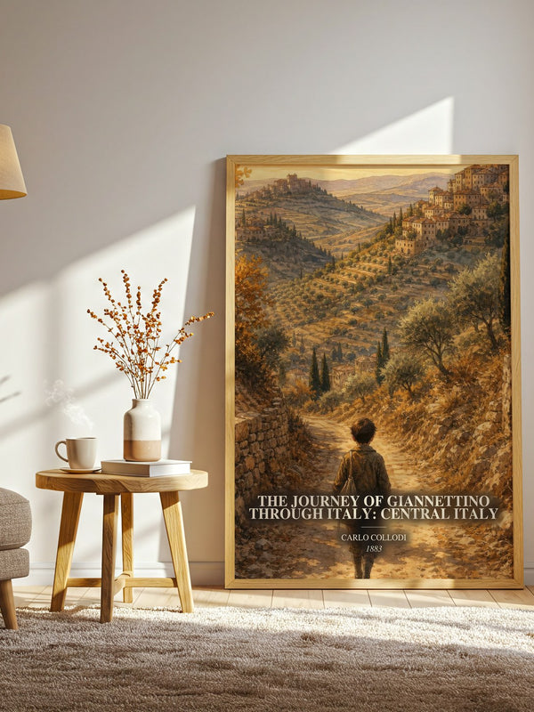 The Journey Of Giannettino Through Italy: Central Italy watercolour print in frame leaning in hallway – childrens wall art