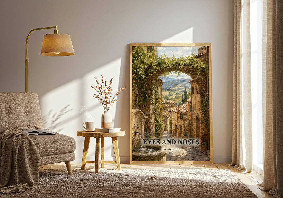 Eyes And Noses watercolour print in frame leaning in hallway – childrens wall art (mockup)